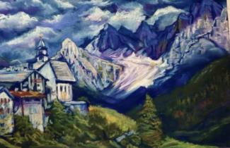 An illustration in pastel using a range of cool and natural colors depicting a snowy maintain range, forest, and rural homes in part of a small village.