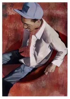 person in baseball hat on red background art by Natasha Giles Somerville