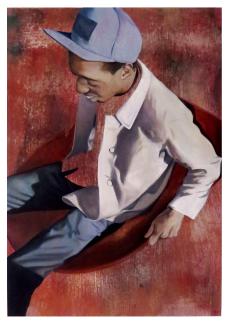person in baseball hat on red background art by Natasha Giles Somerville