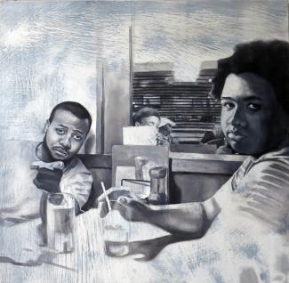 Two people at a kitchen table charcoal art by Natasha Giles Somerville