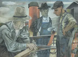 oil painting of three farmers with silo in background