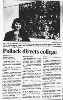 Black and white clipping from the October 12th 1993 Kentucky Kernel newspaper. A photo of Pollack standing in front of a piece of abstract art hanging in a gallery accompanies headline "Pollack Directs College".