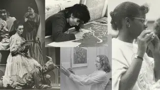 A collage of old black and white photos from the College's history: left is an old theatre production in renaissance costumes, top middle is a student drawing on a large canvas, bottom middle is a woman installing a plaque next to a painting in an art gallery, right is a woman playing the flute in a practice room with an ensemble.