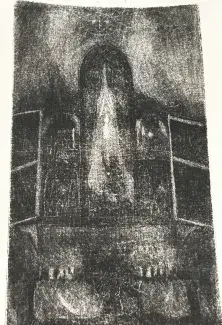 A grayscale printing of a murky illustration.