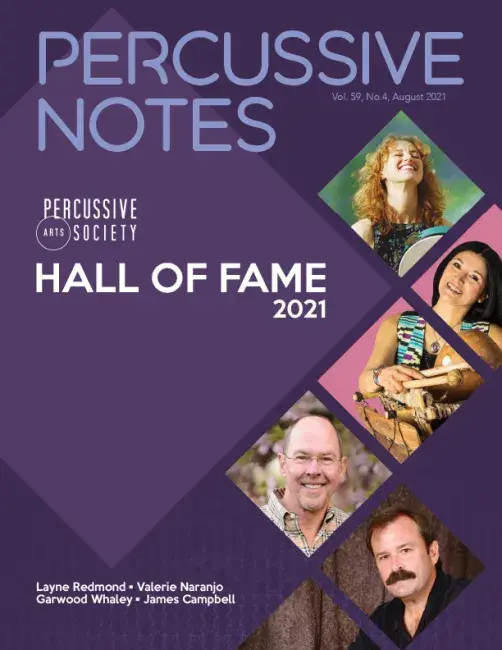 Cover for Percussive Notes magazine hall of fame 2021, featuring headshot of Jim Campbell and other winners