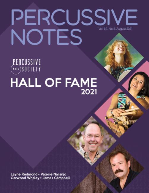 Cover for Percussive Notes magazine hall of fame 2021, featuring headshot of Jim Campbell and other winners