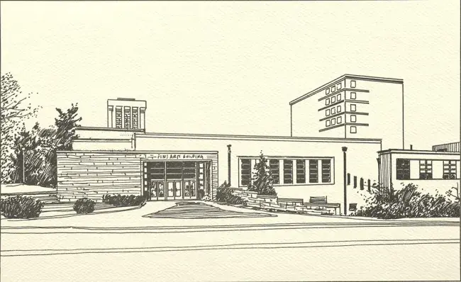 A 1989 pen and ink drawing on yellowed cardstock of the Fine Arts Building at the time.