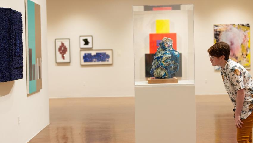 student looking at art in gallery
