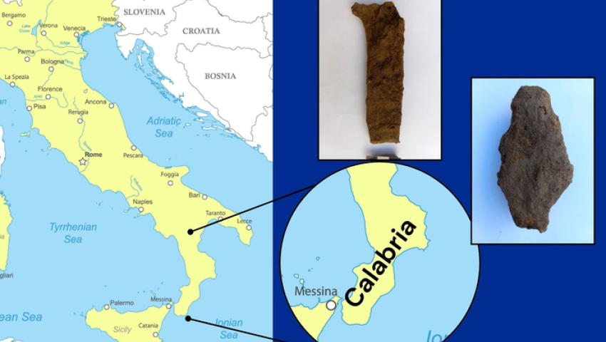 Map of Calabria with detail of artifacts found