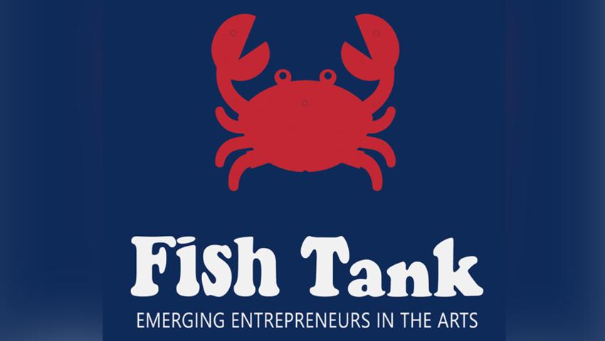Illustration of red crab over blue background with event text description