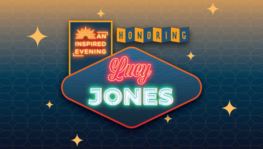 Promotional Image for An Inspired Evening 2026. The predominately dark blue and soft orange image has a retro starry vibe. The main text is styled like a brightly lit neon sign for a 1960s diner and reads "An Inspired Evening: Honoring Lucy Jones".