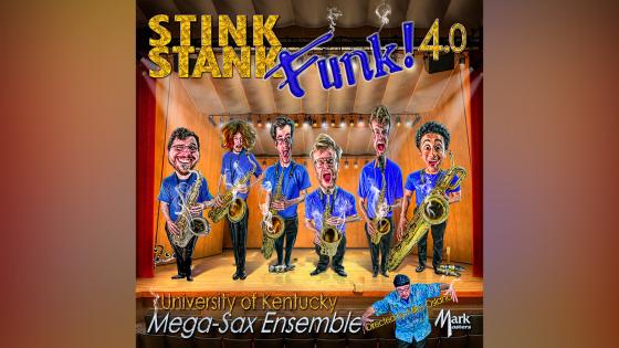 Cover art for the Stink Stank Funk 40 Album by the UK Mega-Sax Ensemble, cartoon depiction of ensemble onstage wearing blue uniforms playing their instruments