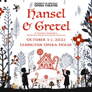 hansel and gretel opera promotional graphic with two kids and candy house