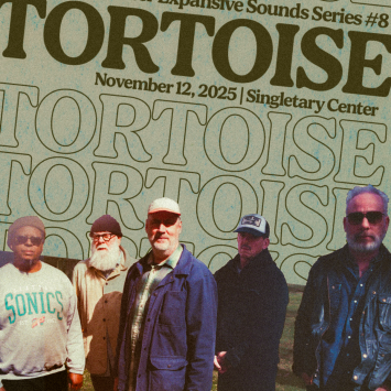 Five excellent musicians stand in front of the word Tortoise