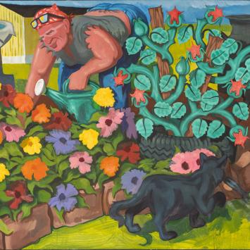 painting of flowers with cat in foreground