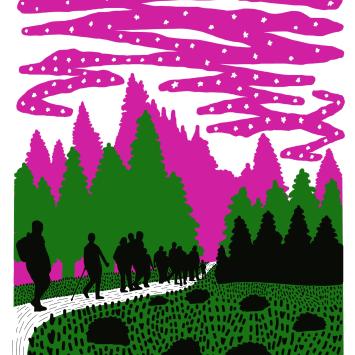 pink sky and green trees and foreground image