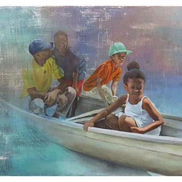four people in a boat watercolor painting