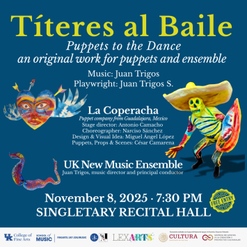 Poster for Títeres al Baile, event information in yellow and white text, against blue background with illustrations of puppets and dancers