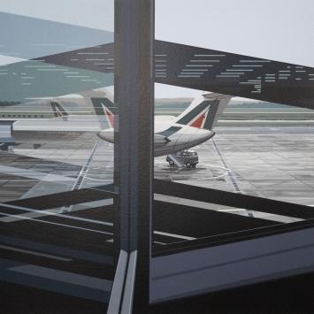 Richard Estes, Flughafen (Airport) from the portfolio Urban Landscapes II, 1981, color screenprint on white wove paper. Collection of the UK Art Museum, purchase: Gaines Challenge Fund.    