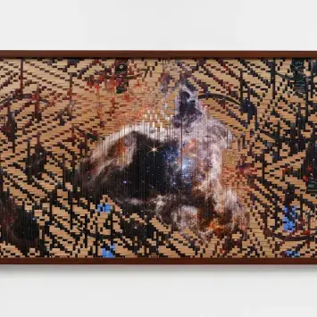 Clarissa Tossin, Future Geography: Tarantula Nebula, 2022, used Amazon.com delivery boxes, archival inkjet print on photo paper with lamination, wood. Courtesy of the artist and Commonwealth and Council. Photo by Brica Wilcox. 