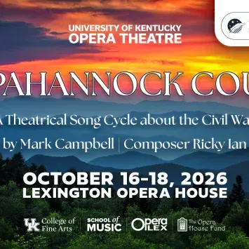 Graphic of Rappahannock County with white event text details against a sunset sky overlooking mountains