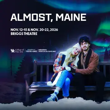 Photograph of a blonde female and dark haired male sitting together on a bench wearing winter clothing, against an aurora borealis background and event detail text in white