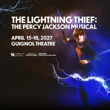 Light skinned male holds a staff facing the camera wearing dark clothing with a lightening bolt overlaid against a dark background with event information in white text
