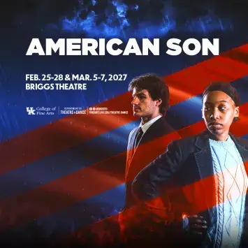 Photograph of two male actors wearing dark blazers facing away from each other against an American flag overlaid with event information in white text