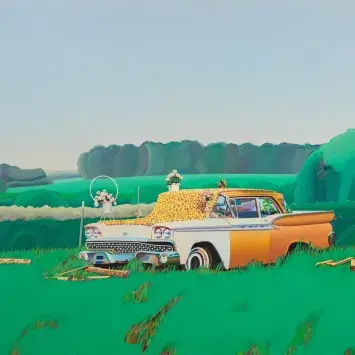 Image of an illustrated bright car in a field of bright green vegetation with yellow flowers on windshield and hood.Marilyn Hamann, Ford Fairlane, 1980, acrylic on canvas. Collection of the UK Art Museum, purchase: National Endowment for the Arts, Patrons of the John Jacob Niles Benefit Concert and Friends of the Art Museum.