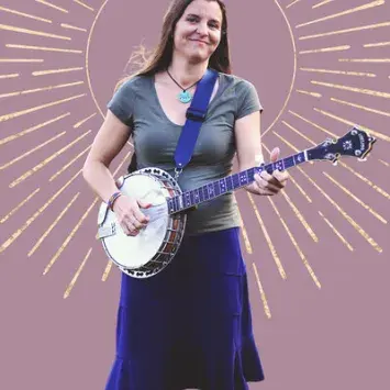 Carla Gover stands smiling with a Banjo, a graphic mauve and gold sunburst behind her.