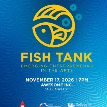 Promotional poster with a wavey blue background and yellow fish tank logo. All details in the image are reproduced in text on the page.